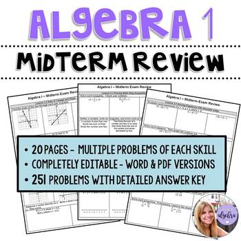 Preview of Algebra 1 - Midterm Benchmark Spiral Review Packet - 20 Full Pages w/ Answer Key