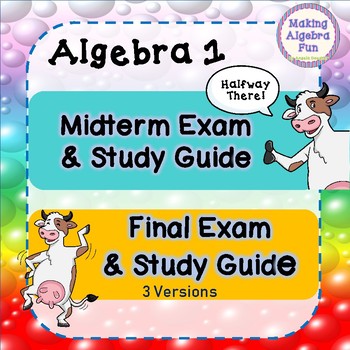 Preview of Editable Algebra 1 Midterm, Final Exam (3 versions) and study guides