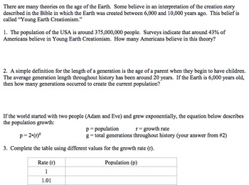 Preview of Algebra 1 - Performance Task - Young Earth Creationism - Common Core