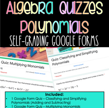 Preview of Algebra 1 Polynomial Quizzes (Google Forms)