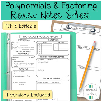 Preview of Algebra 1 Polynomials and Factoring Review Notes Sheet Test Prep