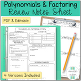 Algebra 1 Polynomials and Factoring Review Notes Sheet Test Prep