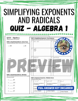 Preview of Algebra 1 QUIZ - Simplifying Exponents and Radicals