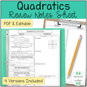 Preview of Algebra 1 Quadratic Equations Unit Review Notes Sheet