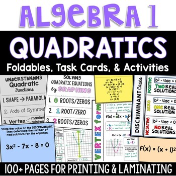 Preview of Algebra 1 - Quadratics Graphing, Vertex Form, Formula, Foldable Task Card Bundle