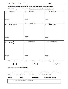 Algebra 1 Quiz Solving Equations (Editable) by Peter Jonnard | TpT