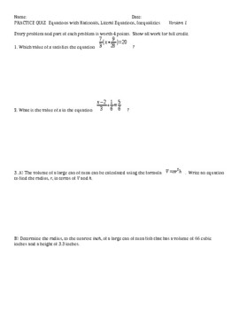 Preview of Algebra 1 Quizzes- Rationals, Literal Equations, Inequalities- 3 versions