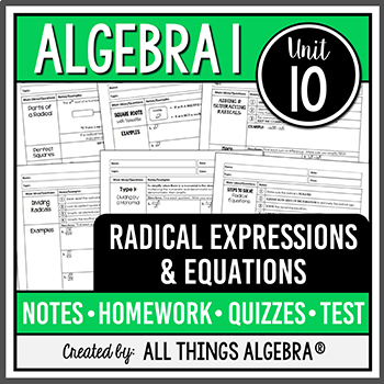 Preview of Radical Expressions and Equations (Algebra 1 - Unit 10) | All Things Algebra®