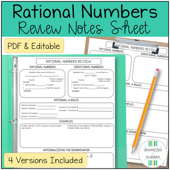 Preview of Algebra 1 Rational Numbers Review Notes Sheet