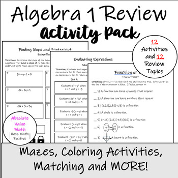 Preview of Algebra 1 Review Activity Packet (12 printables - maze, coloring, matching)