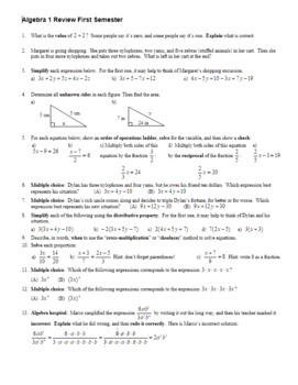 Algebra 1 Review First Semester With Answer Key Editable By Peter Jonnard