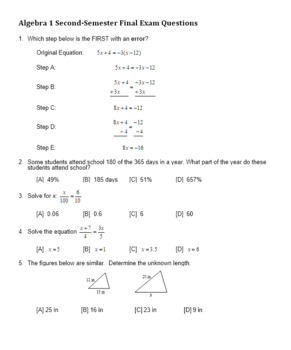 Preview of Algebra 1 Second Semester Final Exam Questions with Answer Key (Editable)
