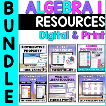 Preview of Algebra 1 Skills Digital and Printable Fun Activities Self Checking Engaging