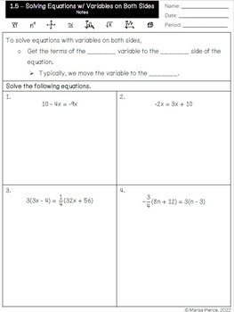 Algebra 1 Solving Equations w Variables on Both Sides Guided Notes Practice