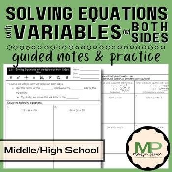 Preview of Algebra 1 - Solving Equations w/ Variables on Both Sides Guided Notes & Practice