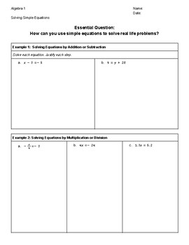 Preview of Algebra 1 - Solving Simple and Multi-Step Equations Guided Notes w/Key