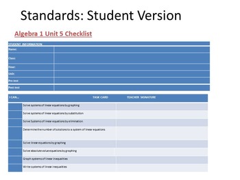 Preview of Algebra 1 Standards Based Checklist to Monitor Learning