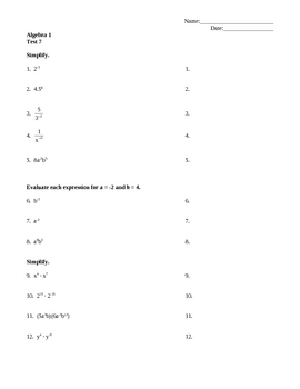 Algebra 1 Test 7 Properties of Exponents by Ernest Sprinkel | TPT