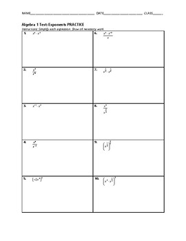 Preview of Algebra 1 Test - Exponents FREE BUNDLE