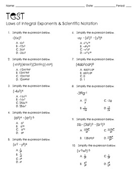 Algebra 1 Test (Laws of Integral Exponents & Scienitfic Notation)
