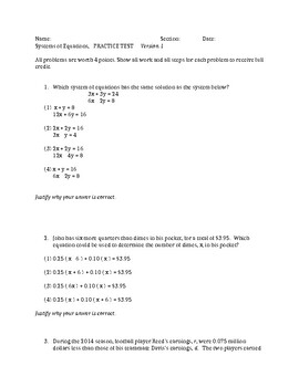 Preview of Algebra 1 Tests -Systems of Equations Unit - 3 versions
