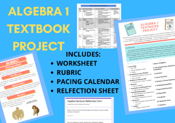 Preview of Algebra 1 Textbook Project- END OF YEAR PROJECT- Sheet, Rubric, Pacing Cal, Etc.