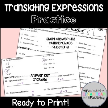 Preview of Algebra 1 - Translating Expressions - Practice