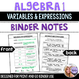 Algebra 1 - Translating Variables and Expressions - Binder Notes