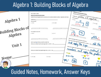 Preview of Algebra 1 Unit 1: Building Blocks of Algebra - Guided Notes, Homework, Answers