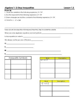 Preview of Algebra 1 - Unit 1 Lesson 3 - Solve & Graph Two-Step Inequalities