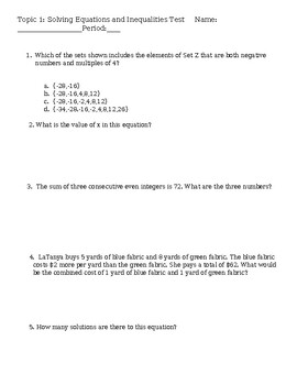 Preview of Algebra 1 Unit 1 Test (with Key and Retake)