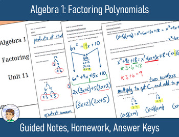 Preview of Algebra 1 Unit 11: Factoring Polynomials - Notes, Homework, Answers