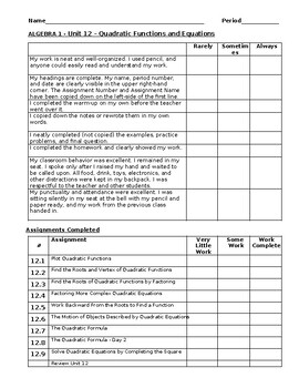 Preview of Algebra 1 - Unit 12 Evaluation Quadratic Functions and Equations