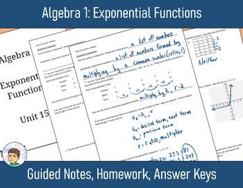 Preview of Algebra 1 Unit 15: Exponential Functions - Guided Notes, Homework, Answers