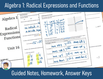 Preview of Algebra 1 Unit 16: Radical Expressions and Functions - Notes, Homework, Answers