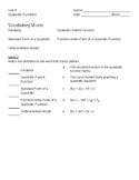Algebra 1 Unit 9 Leveled Vocabulary Resources- Quadratic F