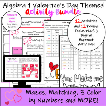 Preview of Algebra 1 Valentine's Day Themed BUNDLE (15 Printable Activities Included)