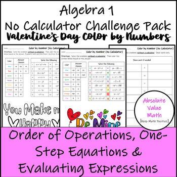 Preview of Algebra 1 Valentine's Day Themed Color by Number No Calculator Challenge Pack