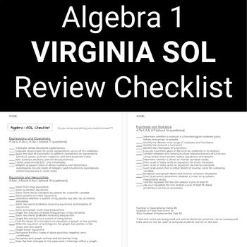 Preview of Algebra 1 Virginia SOL Review Checklist | Editable