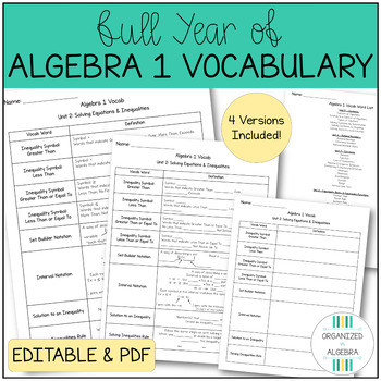 Preview of Algebra 1 Vocabulary Full Year Differentiated Graphic Organizer Word List