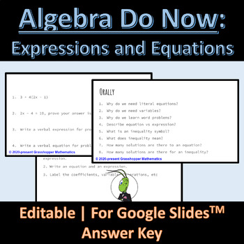 Preview of Algebra 1 Warm Ups | Equations and Expressions | Google Slides Bell Ringers