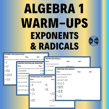 Preview of Algebra 1 Warm-Ups Exponents & Radicals (11 topics, 104 problems)