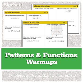 Preview of Algebra 1 Warm Ups: Patterns and Functions (Common Core standards)