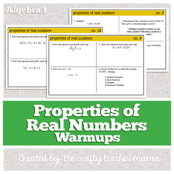 Preview of Warm Ups: Properties of Real Numbers: Algebra 1 (Common Core standards)