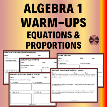 Preview of Algebra 1 Warm-Ups - Solving Equations and Proportions (12 topics, 46 Problems)