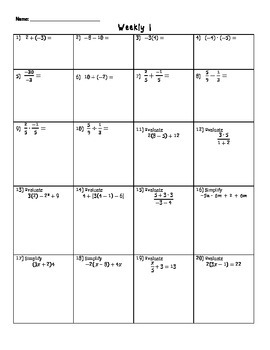 Preview of Algebra 1 Weekly Warm Ups / Starters