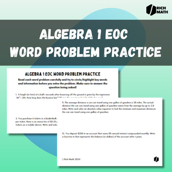 Preview of Algebra 1 Word Problem Practice (EOC Style Questions) with KEY!