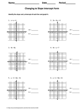 Algebra 1 Worksheet: Changing to Slope Intercept Form by My Geometry World