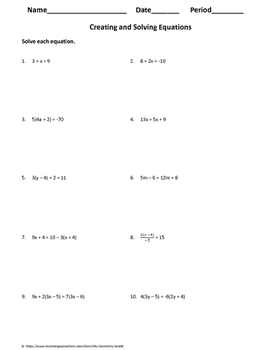 Algebra 1 Worksheet - Creating and Solving Equations by My Math Universe