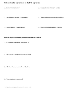 Algebra 1 Worksheet - Creating and Solving Equations by My Geometry World